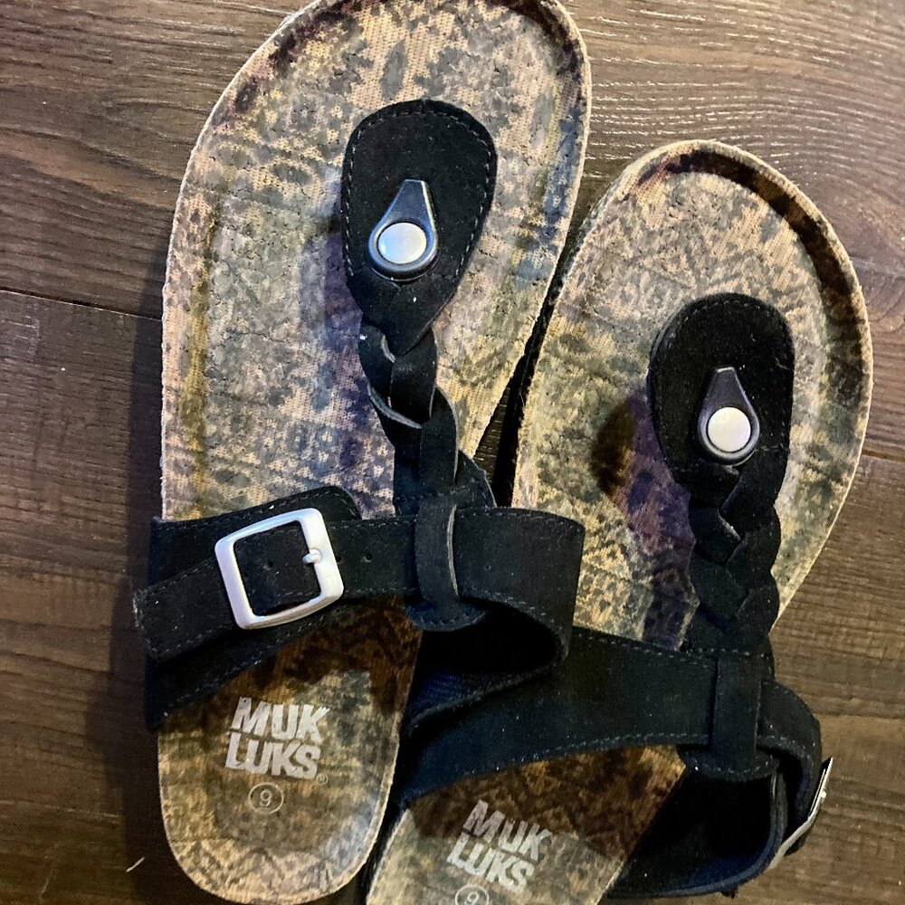 MUK Luks Marsha Jet Black Braided Buckle Sandals